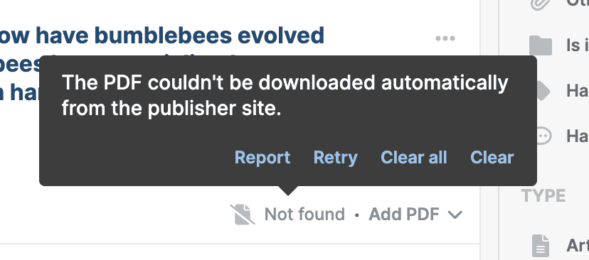 A “Not found · Add PDF” status on a reference with a tooltip reading “The PDF couldn’t be downloaded automatically from the publisher site.” and Report, Retry, “Clear all” and Clear links.